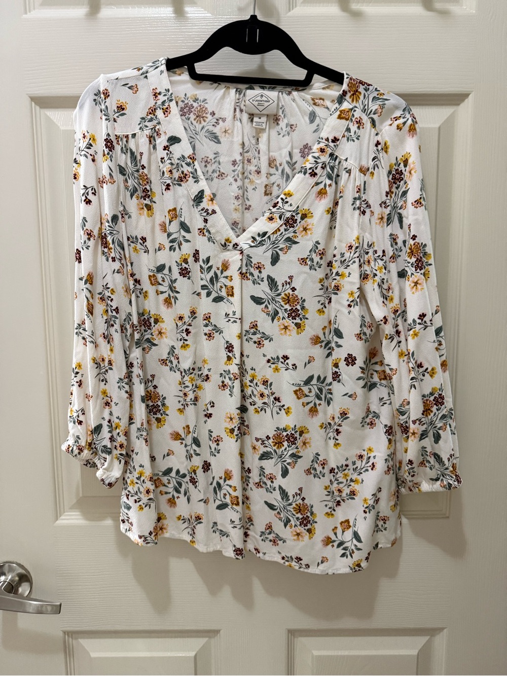 St. John's Bay White Floral V-Neck Blouse with Yellow & Green
